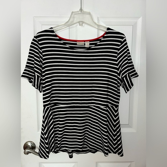 Chico's Black and White Short Sleeve Striped Peplum Top Size 1 - Picture 1 of 3